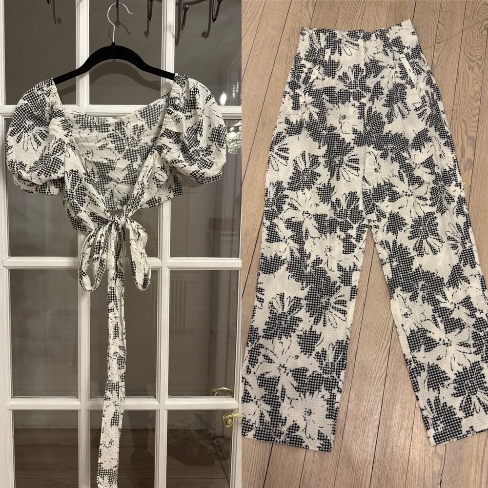 FREE PEOPLE Womens Black & White Hampton Front Tie Top & Crop Pants Matching Set